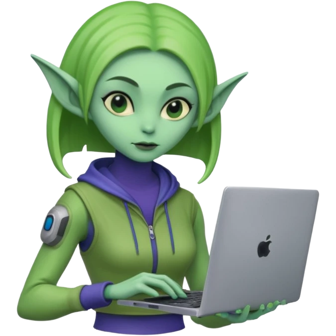 lady alien with only gaming laptop. negative : headphones. emoji