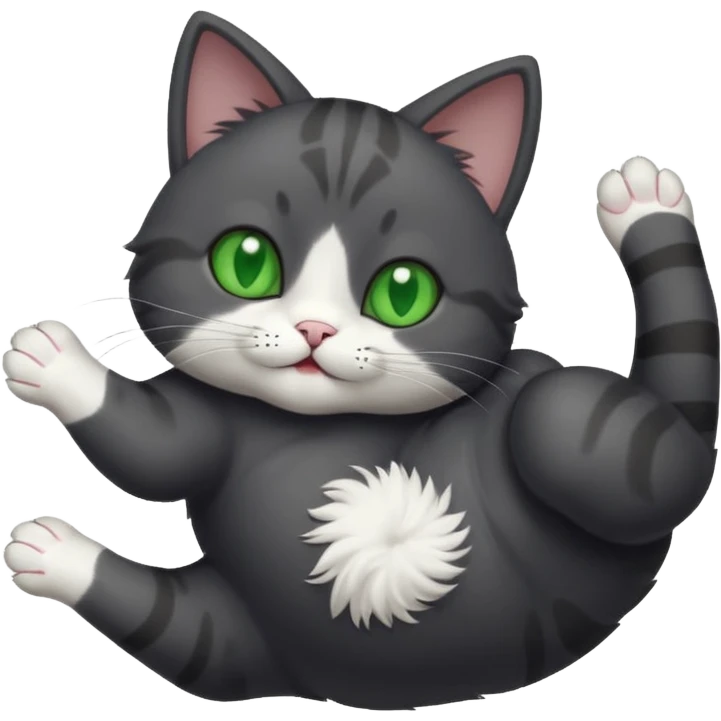 solid dark grey cat with green eyes, white toes/paws and white patch on her chest playfully rolling upside down emoji