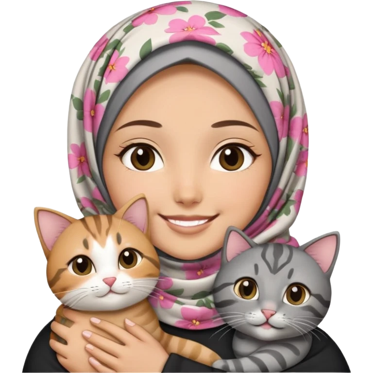 Asian White girl wearing flower-patterned hijab holding a black grey tabby cat while smiling.   emoji