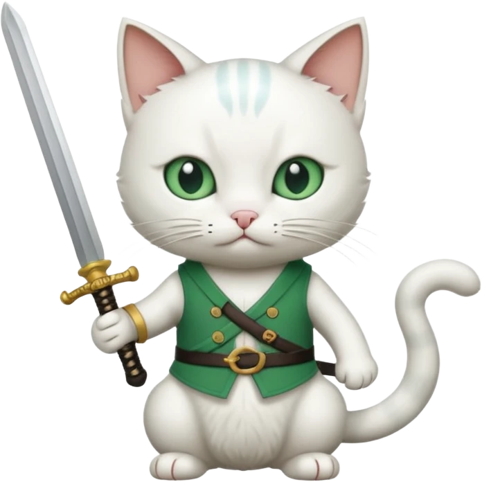 un gato blanco con reeferencia a roroa zoro "una espada en cada mano y una en la boca emoji