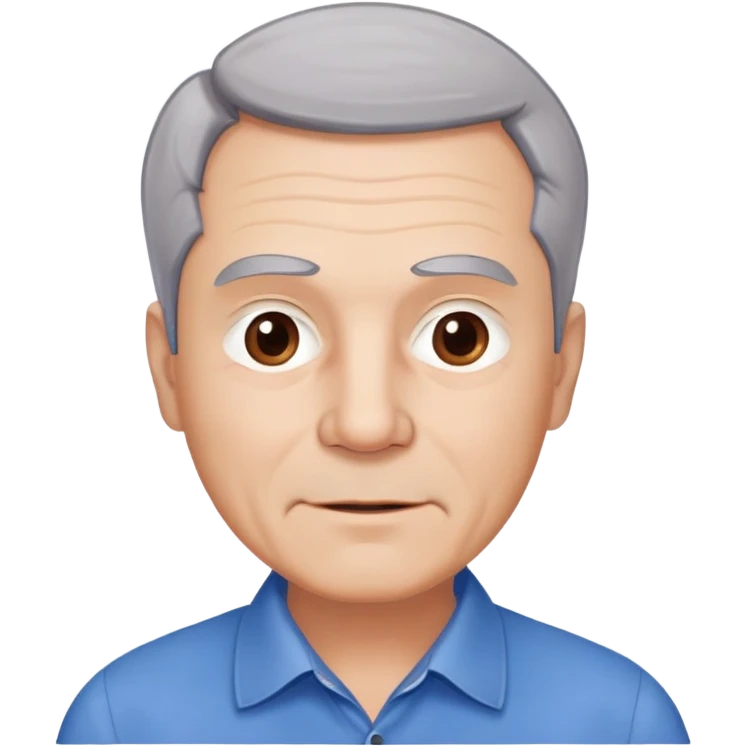 Older man with light complexion in his late 50s, round face, wide jaw, expressive brown eyes, thick eyebrows, short gray hair with visible hairline, friendly expression, wearing blue collared shirt emoji