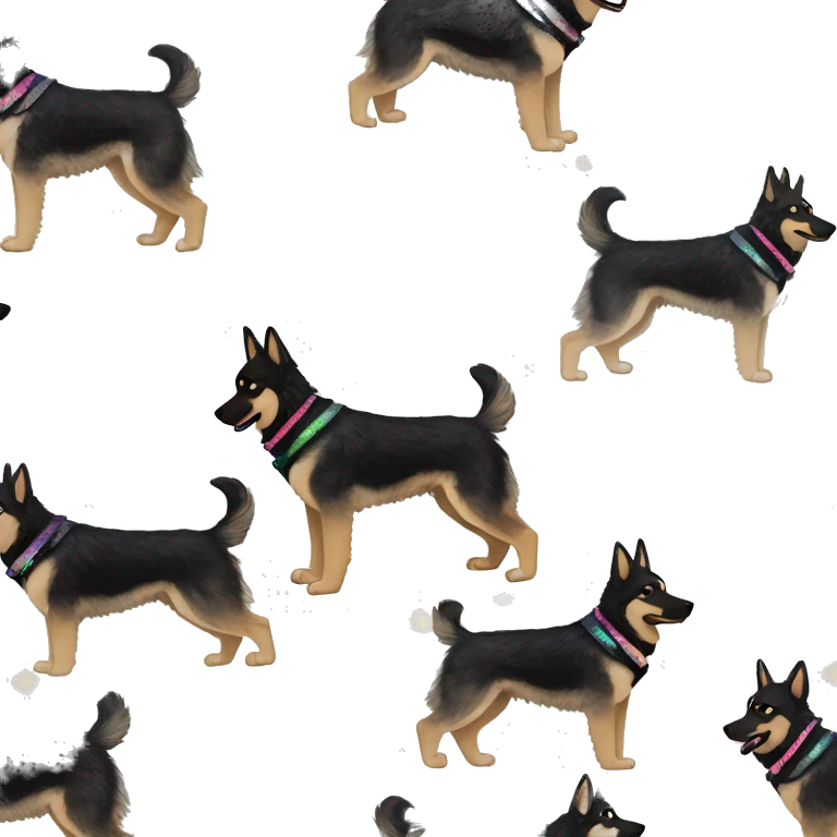  Black spotted brindle German shepherd husky fluffy ears and holographic harness running emoji