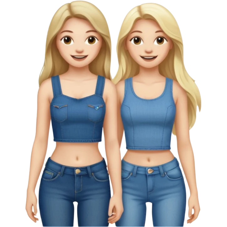 a long hair brunette pale girl and a blonde girl in jeans and crop tops smiling friends emoji