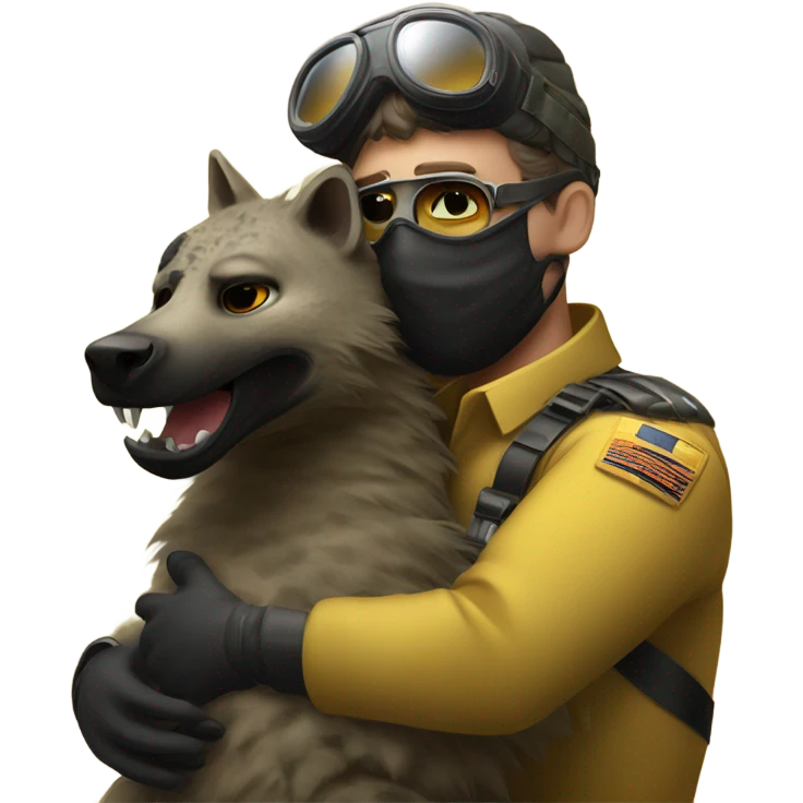 Yellow army Pilot with black mask googles, and then a big hyena hugging him emoji