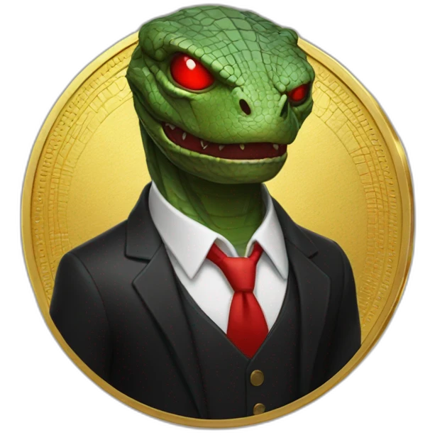 Reptilian with red laser eyes in black suite on the golden coin emoji