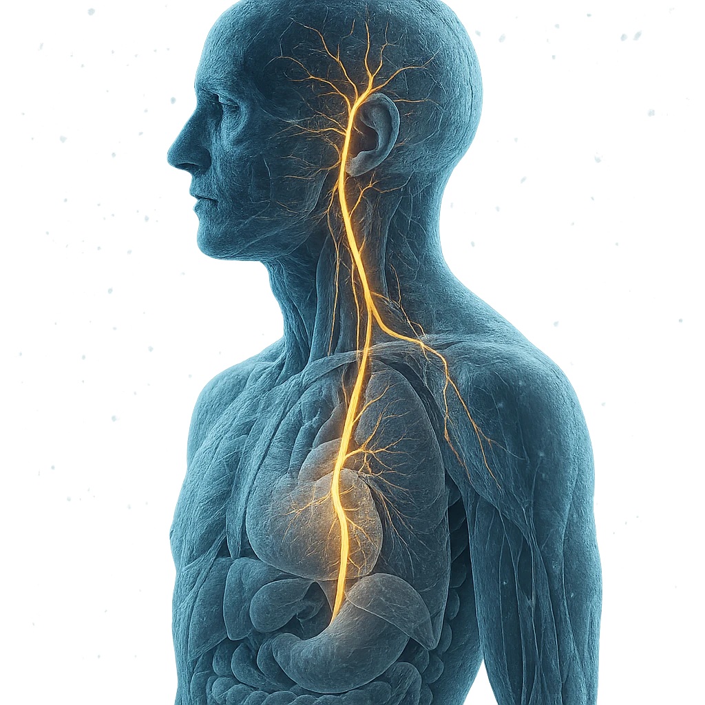 realistic human body with highlighted vagus nerve, left lateral view, detailed anatomy, vagus nerve path clearly visible, cold effect with snowflakes and blue light, transparency on internal organs, neutral background emoji