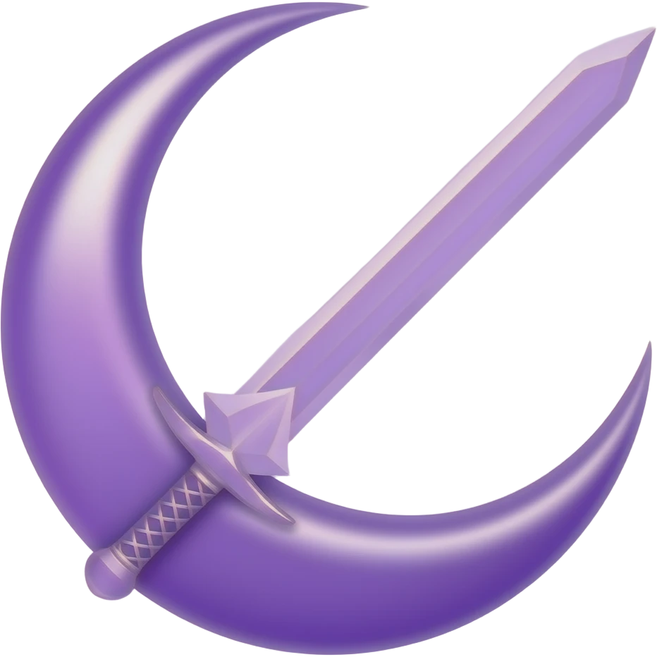 Glowing purple crescent moon with an elegant glowing purple transparent sword, emoji style. Soft violet and pink glow, minimal clean design, smooth edges, subtle lighting, centered, high contrast, transparent background. emoji