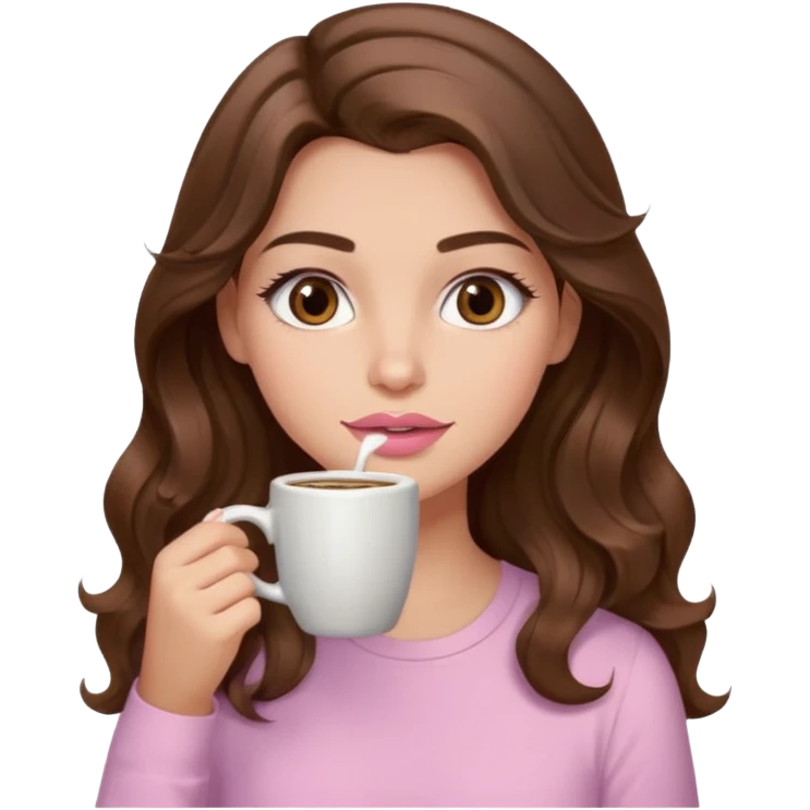 girl with wavy long brown hair, brown eyes, light to medium complexion, long lashes, light pink lipstick, wearing light pink shirt, sipping coffee emoji