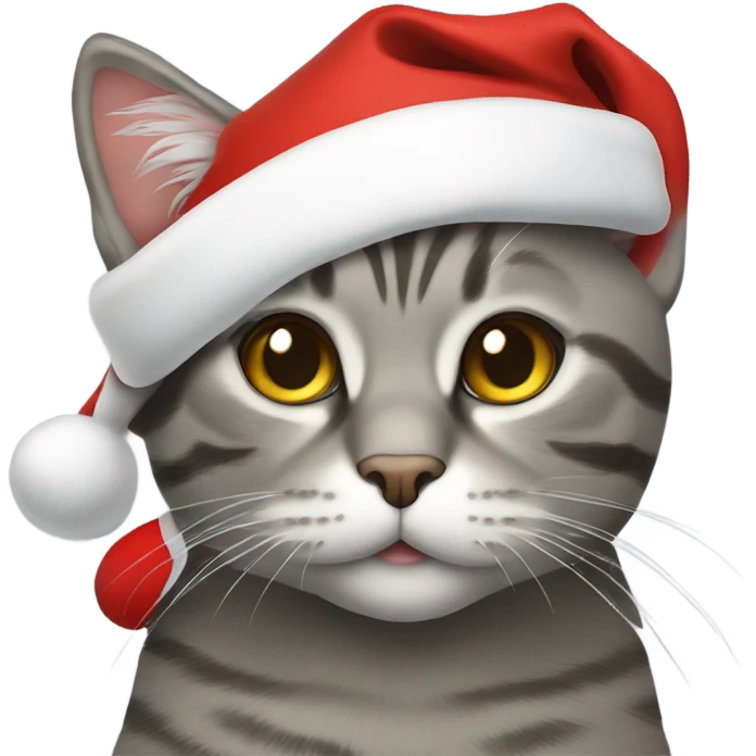 Grey tabby cat wearing a Santa hat emoji