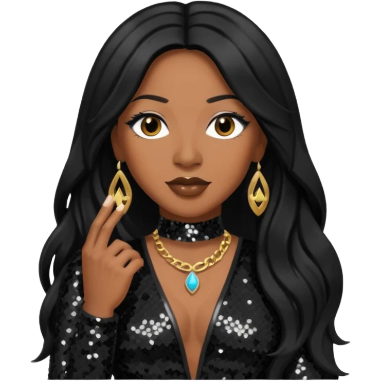 Taj from SWV with long black hair, black sequin outfit emoji