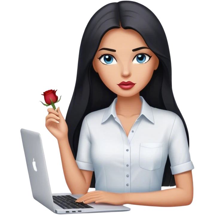 Glamours tanned very beautiful girl with pump slightly rose/nude lips and black straight smooth long hair, blue-grey eyes in white shirt with MacBook. emoji