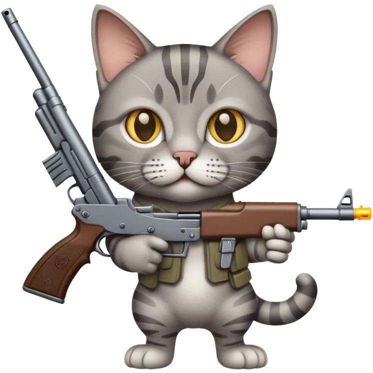 Gray tabby cat with a gun emoji