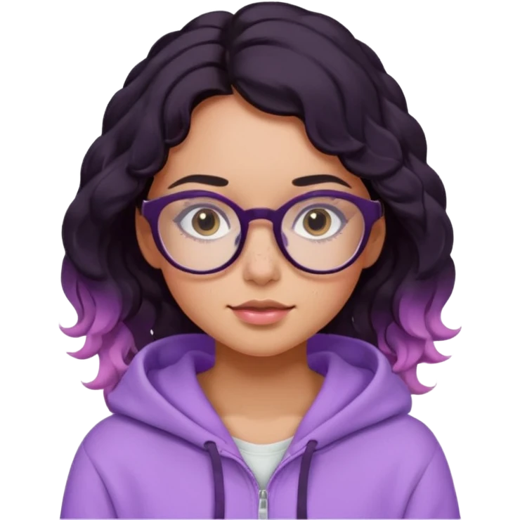 emoji of a woman, slighty tanned skin, cute freckles, pink cheeks, wavy black hair, big frame glasses and cute eyes, wearing a lilac hoodie  emoji