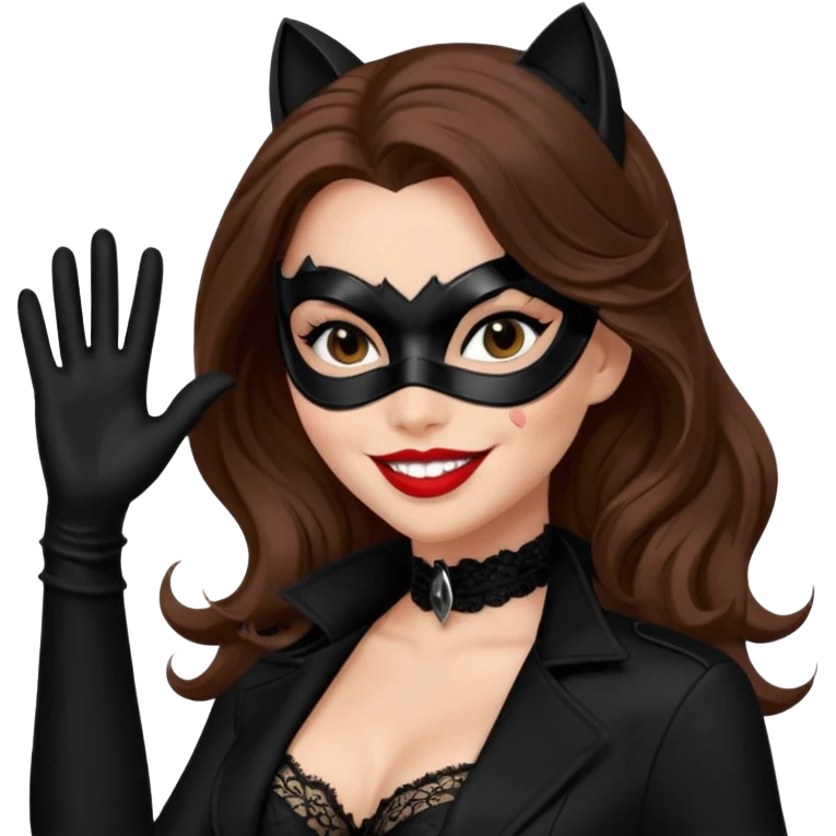 Catwoman che sorride e satuta con una mano capelli castani lunghi con mascherina di pizzo nero rossetto rosso e reggiseno nero guanti neri lunghi e giacca nera emoji
