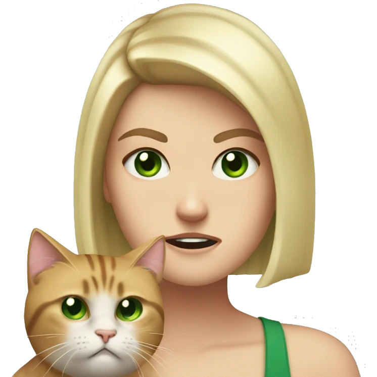 A white girl with blonde bob hair and green eyes is angry at a cat she is holding emoji