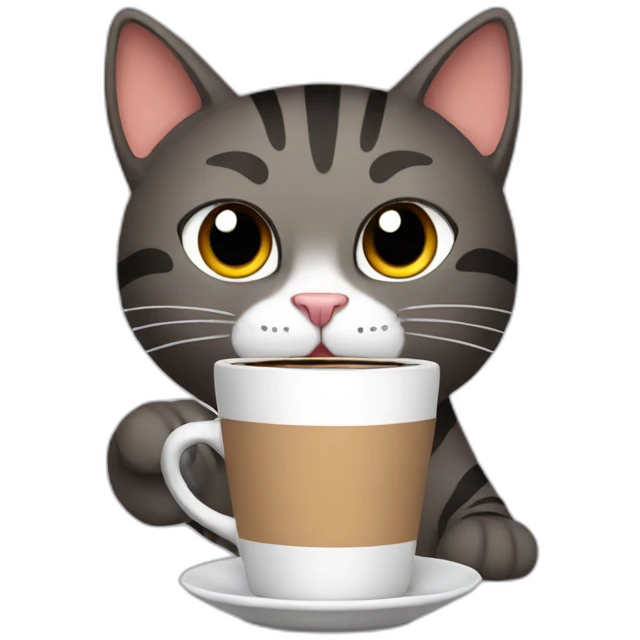 cat drinking coffee and saying meow emoji