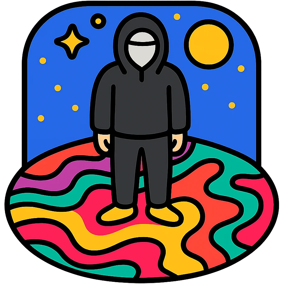 Figure in black hoodie and mask standing on vibrant cosmic earth surface, psychedelic colors flowing beneath feet, surreal cosmic sky above emoji