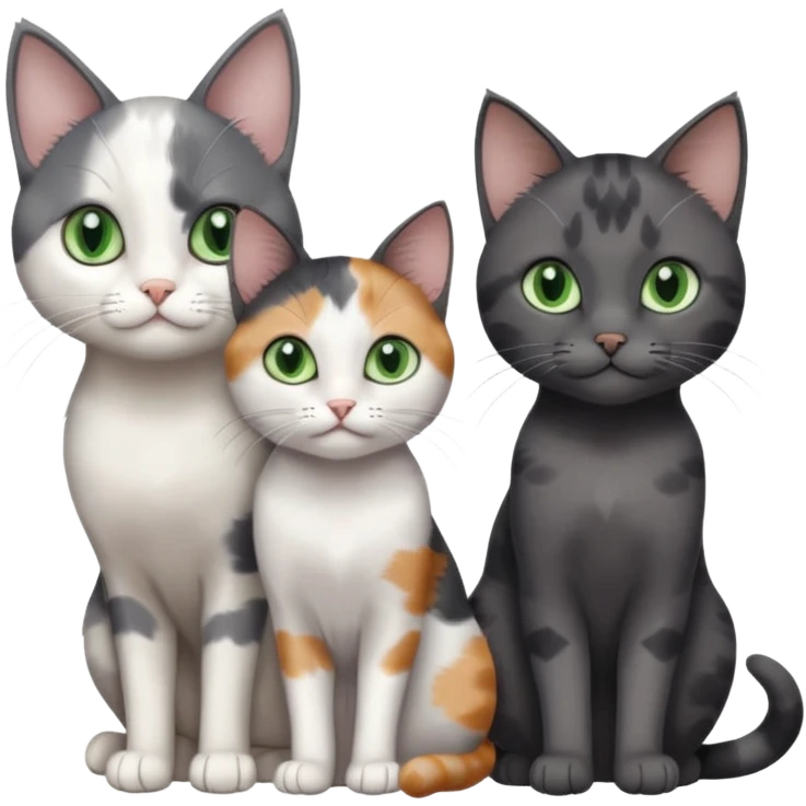 3 different coloured small cats including a dark grey and white, and a patchy calico and a completely solid dark grey with green eyes and only white paws emoji