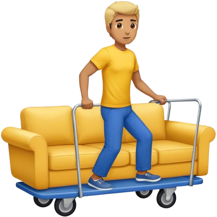 man in blue pants and yellow t-shirt, moving a sofa on trolly emoji