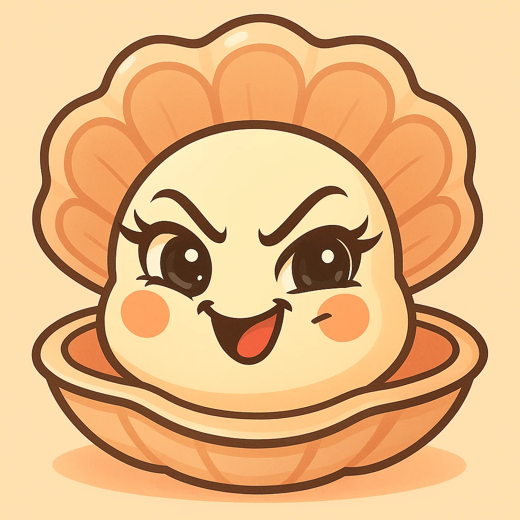 Enhance the mischievous expression of the oyster, keep the pastel, pearly, cream, peach, and greige colors accentuated, make the eyes very expressive and luminous with elegant eyelashes, emphasize the large shell and the small oyster, maintain the pastel toon style and the background as in the reference image. emoji