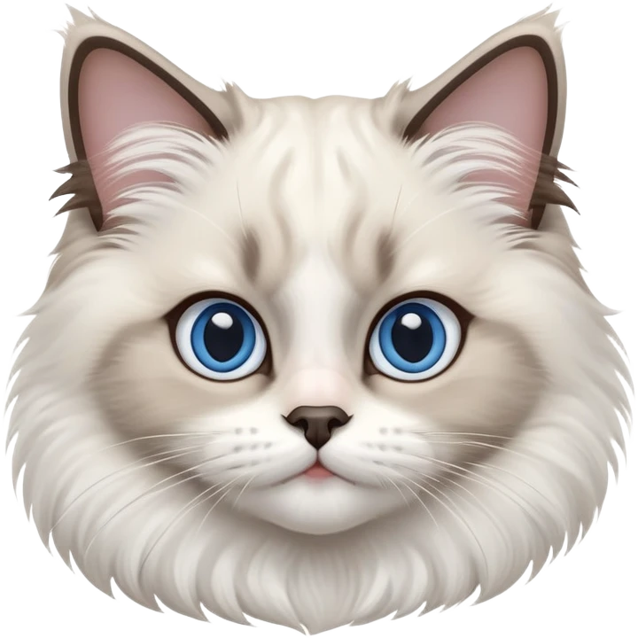 cinematic-adorable-big-eyed-fluffy-ragdoll-cat-portrait-emoji,-head-tilted-playfully-with-a-sweet-expression,-fluffy-white and grey-fur,-simplified-yet-irresistibly-cute-features-with-large,-expression, blue eyed ragdoll cat emoji