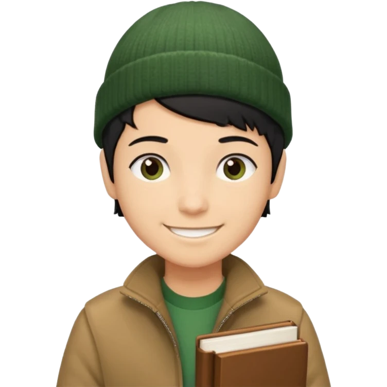 tan skin, non binary man with pixie cut black hair, wearing brown jacket and dark green beanie, smiling , holding up books  emoji