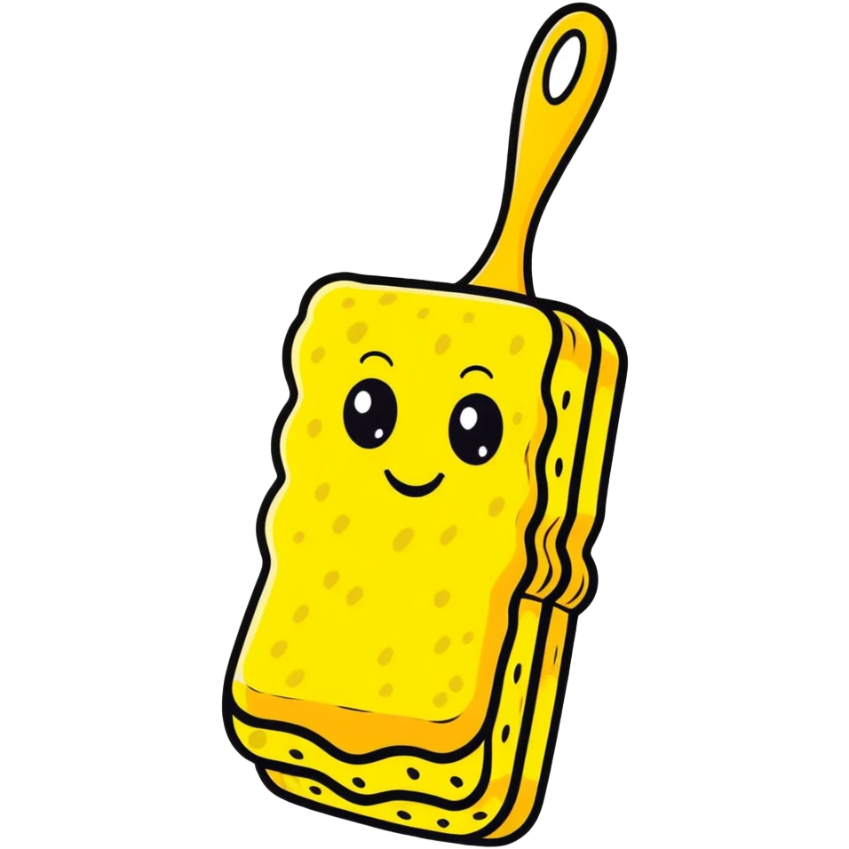 A cheerful yellow kitchen sponge with a cute smiling face and eyes emoji