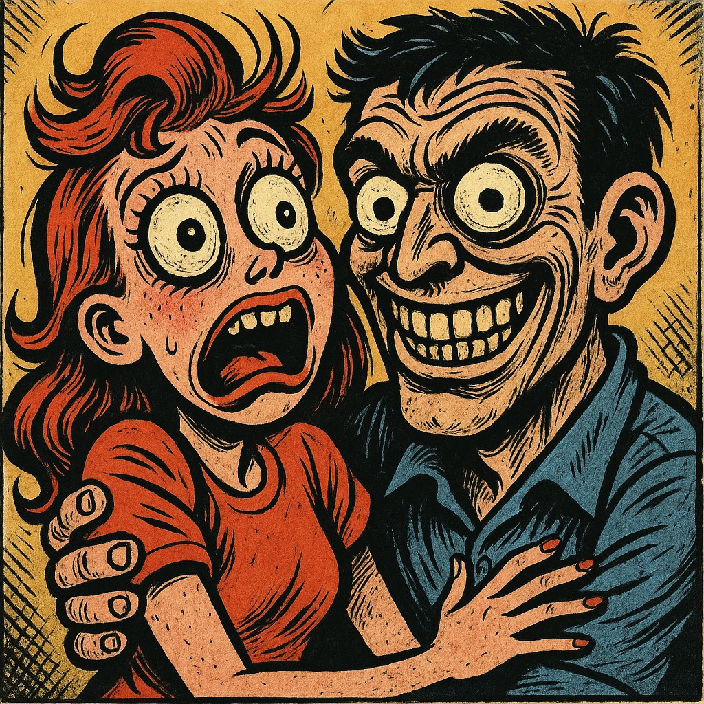 cartoon style girl with boyfriend, unsettling and exaggerated, comic book style emoji