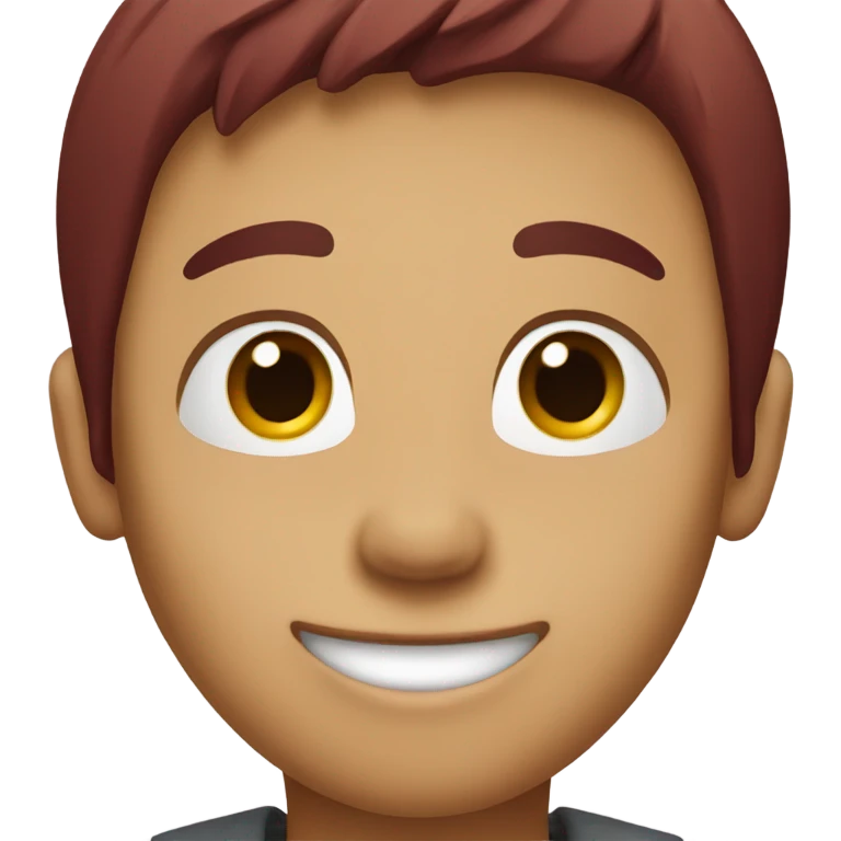 A boy with burgundy hair. His hair is a bit long and straight. He doesn't wear glasses and is smiling.
 emoji
