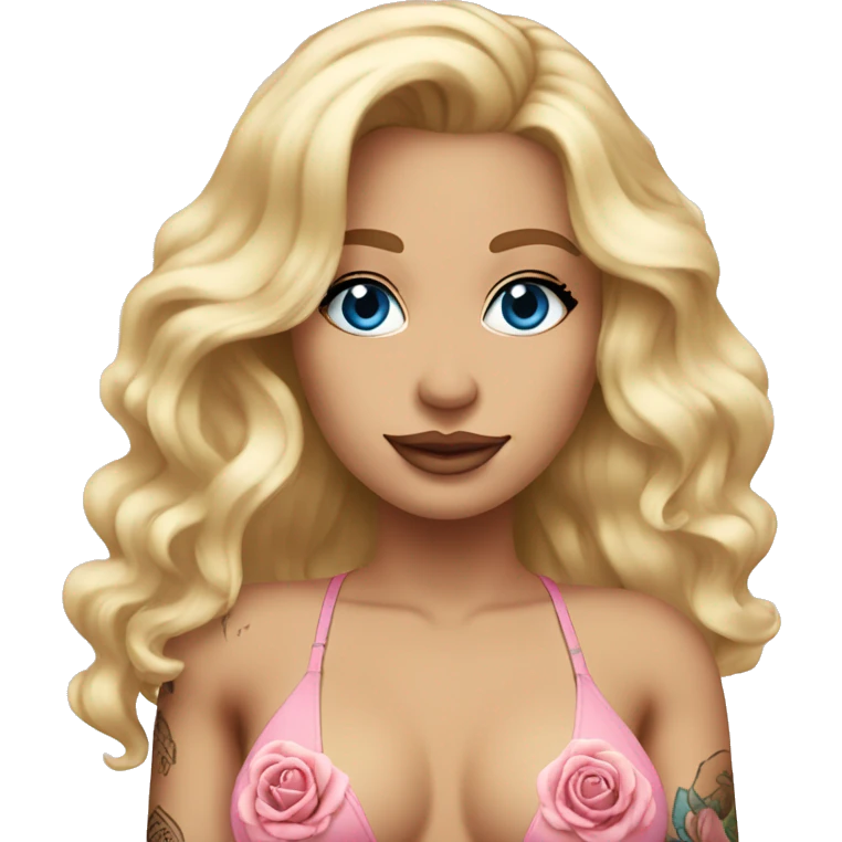 blonde woman. pink rose bikini. wavy long hair. tattoos. blue eyes emoji