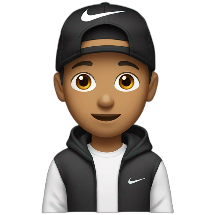 light brown boy with hair until his ears wearing a black nike cap and nike hoodie emoji