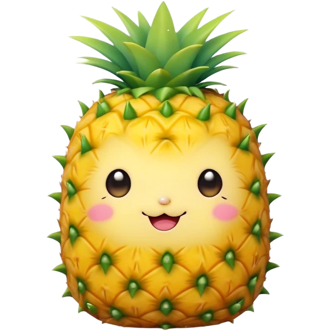 Cute Kawaii Pineapple, tiny and round, bright golden yellow with a spiky green top, chubby cheeks, playful winking expression, soft pastel textures, sweet and tropical vibes! emoji