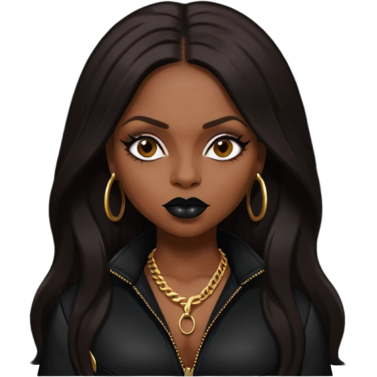 Foxy Brown, Rapper with dark brown long hair, black lip, black outfit emoji