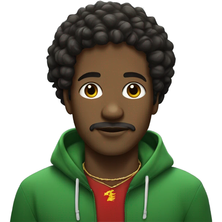 black man with curly hair, and a hoodie and a thin moustache wearing a necklace of the sudan flag emoji