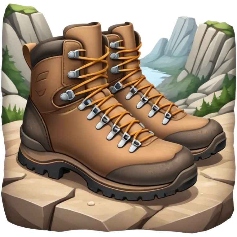 Cinematic Realistic Hiking Boots, well-worn leather boots resting on a rocky trail, scuffed edges and dirt-speckled laces adding character, glowing softly under the dappled sunlight filtering through the trees. emoji