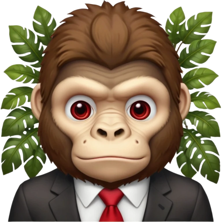 Brown haired cartoon gorilla with tufted fur on head, light skin tone deep eye socked darkening the skin around his eyes, heavy browridges contrasting it, and a red tie, he lives naked in the jungle  emoji