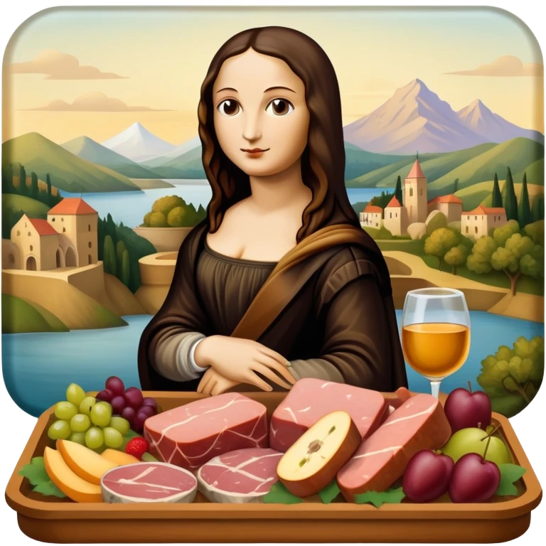  mona lisa with SPAM MEAT charcuterie and fruit tray renaissance landscape emoji