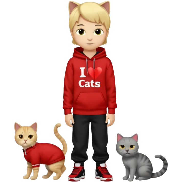 A 8 year old boy wearing a red and black hoodie say I heart cats he’s blond he has red Jordan’s and Hess wearing black pants he’s next to a gray cat with yellow eyes  emoji