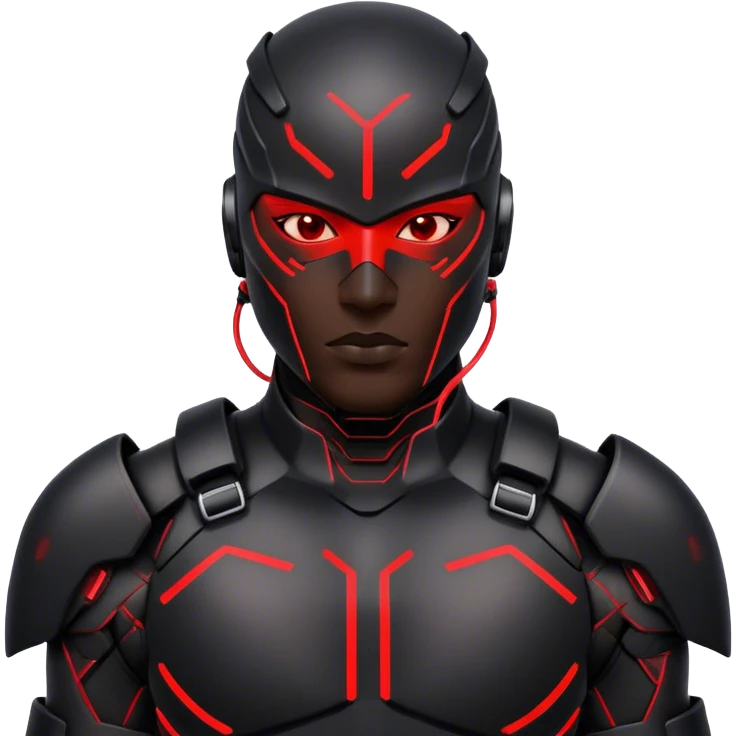 A cyber-warrior with a half-metallic face, neon red lines tracing his black armored skin emoji