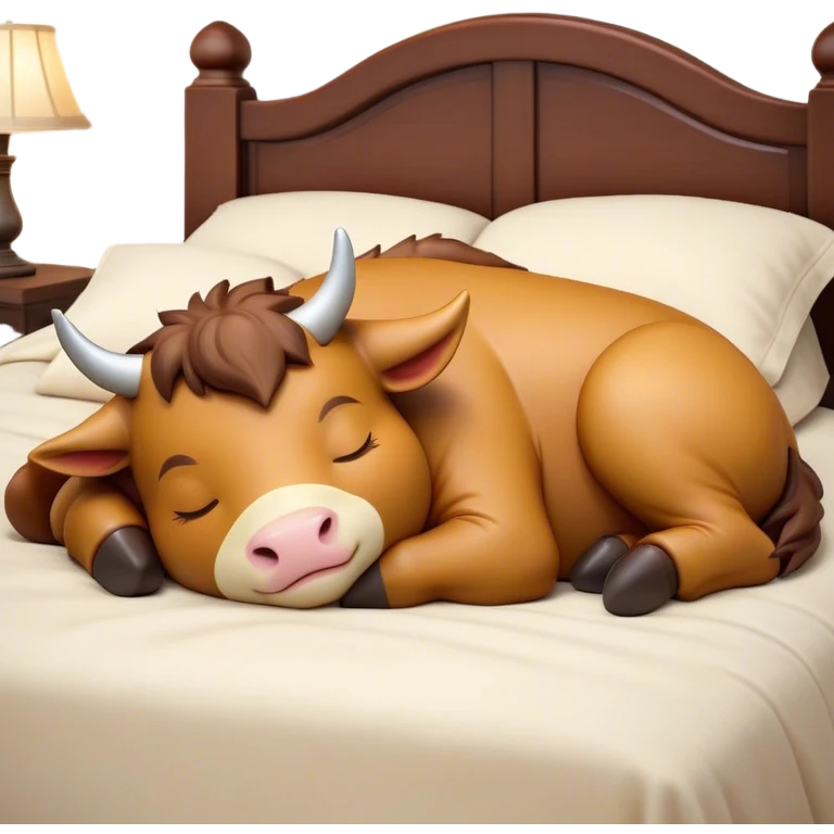 Meme-Worthy Cute Sleeping Domestic Ox Portrait Emoji, Head resting peacefully with a contented smile, showcasing a massive, sturdy build and a luxuriously soft hide, eyes gently closed in serene, restful slumber, Simplified yet hilariously adorable features, highly detailed, glowing with a soft, drowsy natural light, high shine, relaxed and utterly lovable, stylized with an air of playful laziness, soft glowing outline, capturing the essence of a sleeping ox that feels destined to become the next viral sensation of adorable rest! emoji