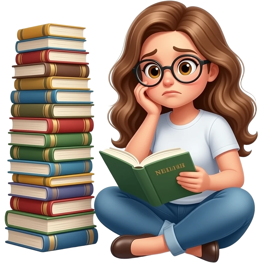 detailed emoji illustration of a curvy woman with long light brown wavy hair, light brown eyes and round glasses sitting next to a huge pile of unread books, overwhelmed reader vibe, cute emoji style emoji