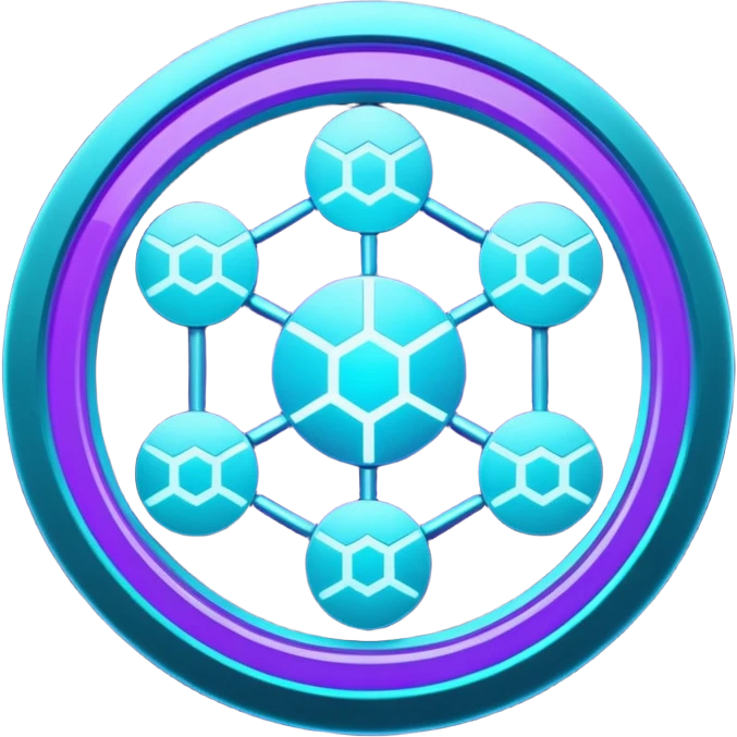 Futuristic blockchain node badge icon, circular emblem with interconnected glowing nodes, all nodes softly illuminated, neon cyan and violet gradient, sci-fi web3 game UI style, metallic rim, dark background, 3D polished game asset, sharp and high detail, centered composition emoji
