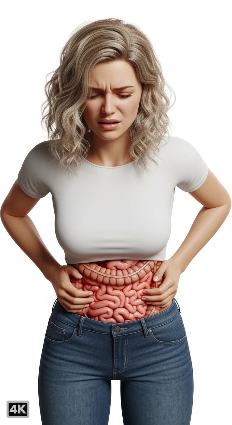 donna con intestino realistico e mal di pancia, iperrealistico 4k, isolata su sfondo bianco emoji