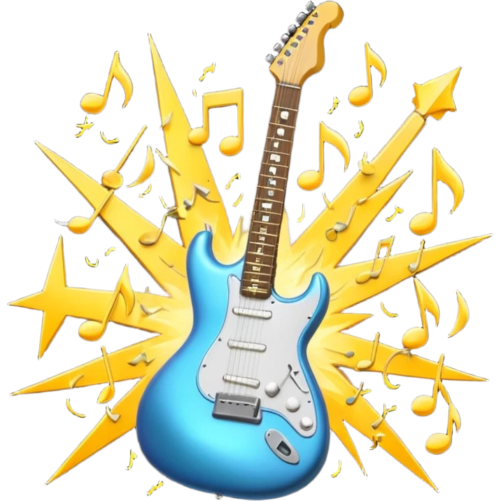 A 3D Apple-style emoji of a bold “ROCK” text written in shiny metallic letters, with an electric guitar leaning on the text, surrounded by small music notes and lightning bolts, energetic and powerful rock music vibe emoji