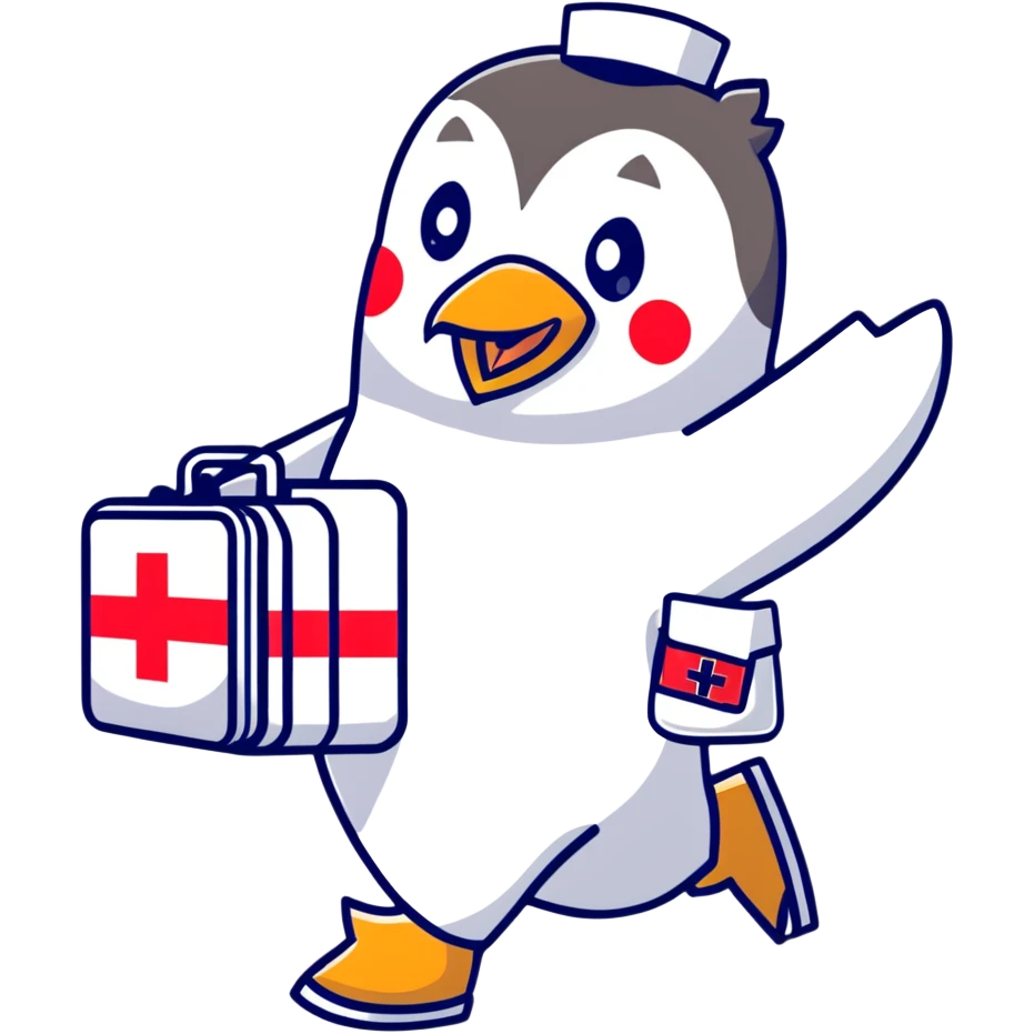 side view of a doctor penguin running with a top hat holding a first aid medical box with a red cross emoji