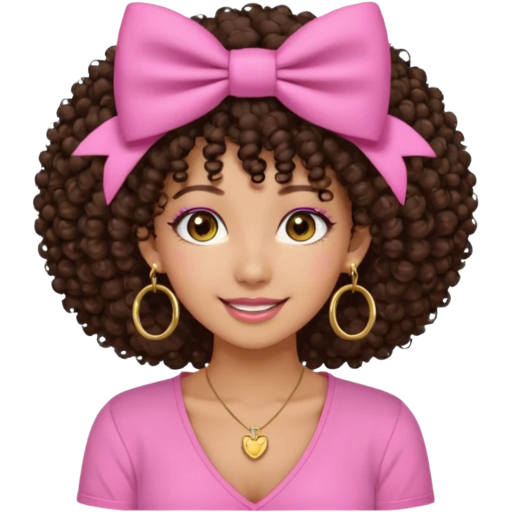 Naturally tan skin girl short darkBrown curly afropink shirt very long lashes hoop gold earrings Brown eyes gyaru smiling closed mouth cute bow hairclip small on the side. V neck pink shirt. Teenager emoji