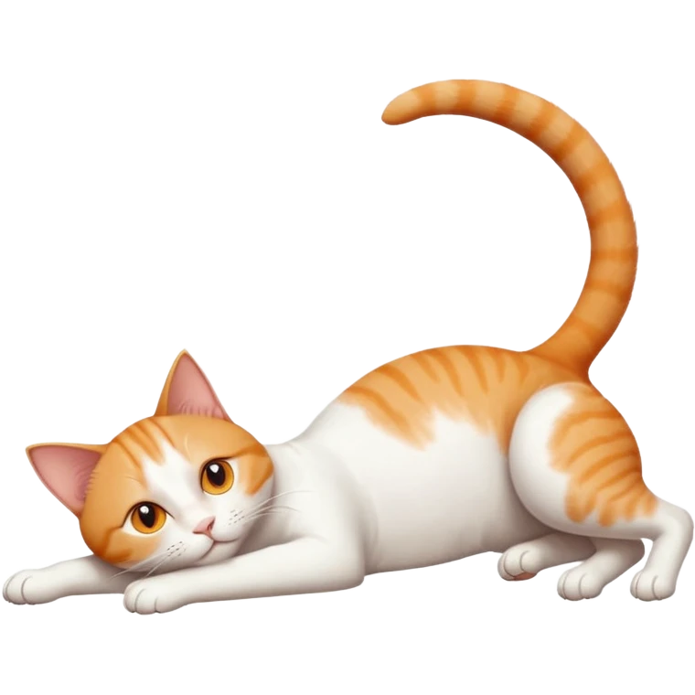 ginger and white cat with orange eyes doing a big extremely long stretch reaching up into the air with arms and legs side by side together straight and overextended whilst lying on its side emoji
