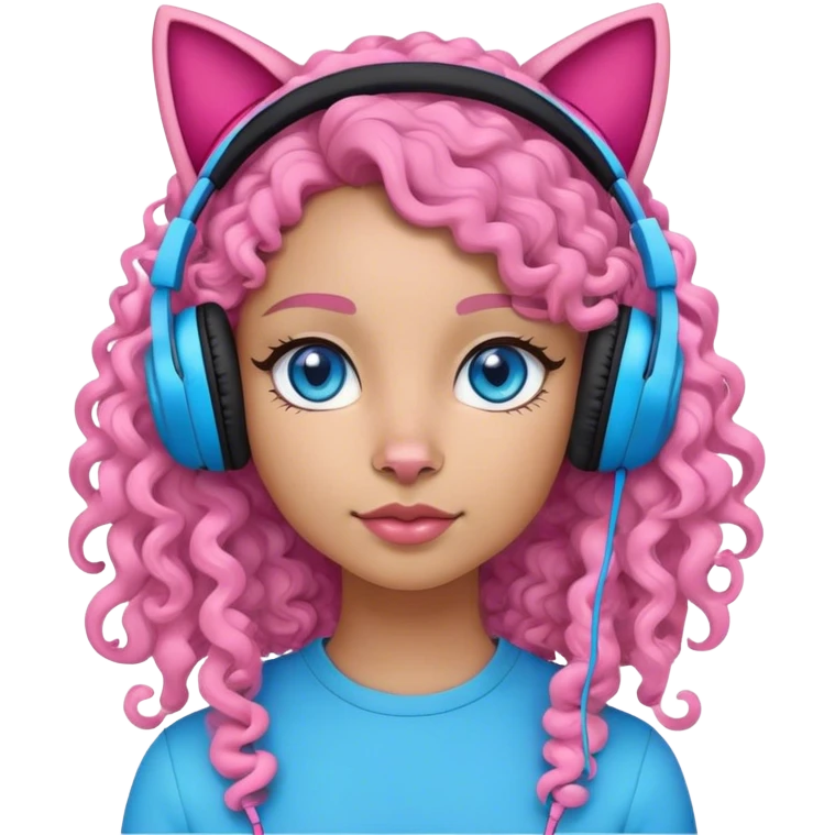 A woman with curly half black half white long hair and bright blue eyes wearing pink cat over the ear headphones emoji