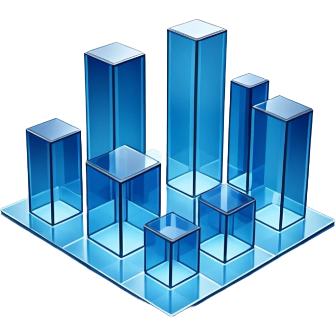 A minimalist 3D illustration of abstract glass buildings in blue tones, made of transparent glass-like materials with soft lighting and subtle reflections, isometric perspective, white background, futuristic architecture concept, volumetric light, clean render, high detail, no text emoji