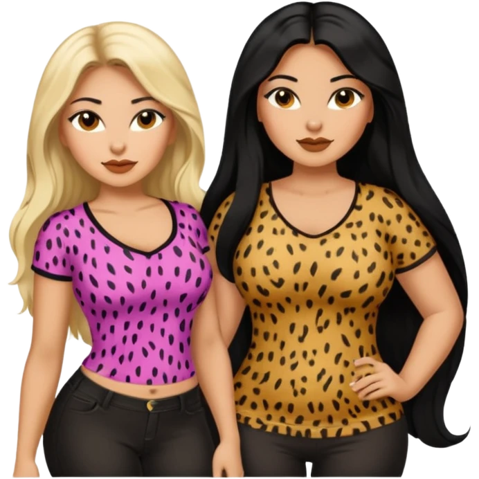 Tan Latina woman with long black hair chubby and black woman with long blonde hair slim thick in cheetah top sexy emoji